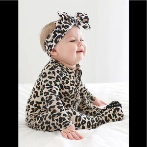Posh Peanut Lana Leopard Tan  Footie Ruffled Zippered Onesie